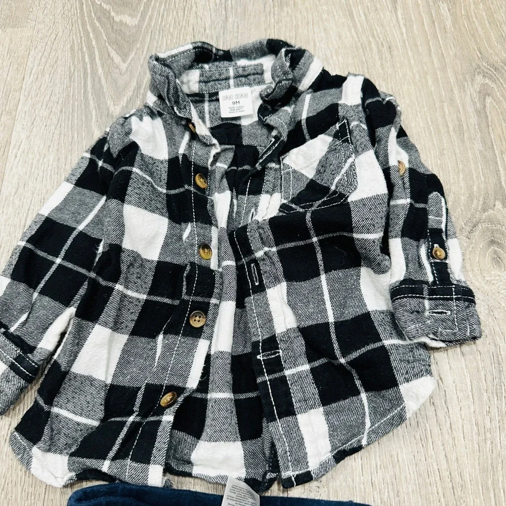 Carter's Okie Dokie Baby Boy 6 Piece Outfit Bundle‎ Plaid Hoodie Pants 9M